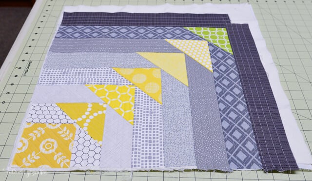close up of in progress North West Quilt-As-You-Go Panel on cutting mat