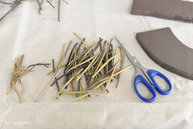 sticks cut up and scissors with brown G in background
