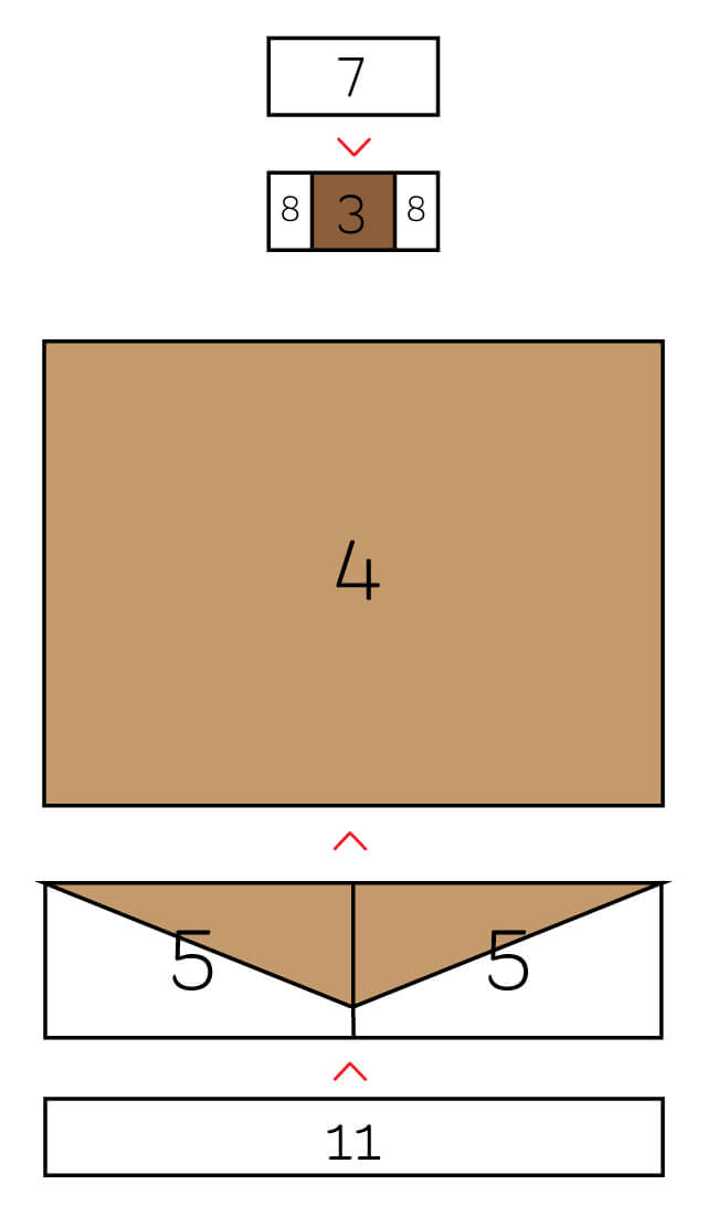 computer graphic showing acorn quilt block pieces and steps