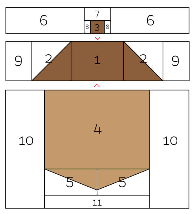 computer graphic showing acorn quilt block pieces and steps