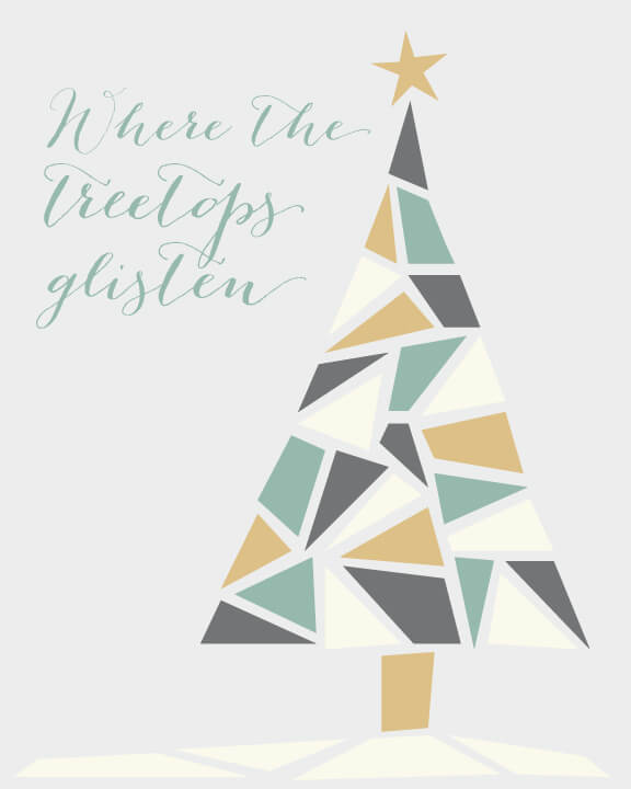 Free Christmas tree printable in muted tones of green, gold, and gray.