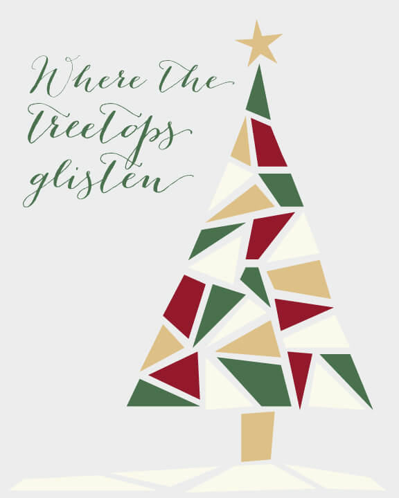 Free Christmas tree printable in traditional tones of green, red, and gold.